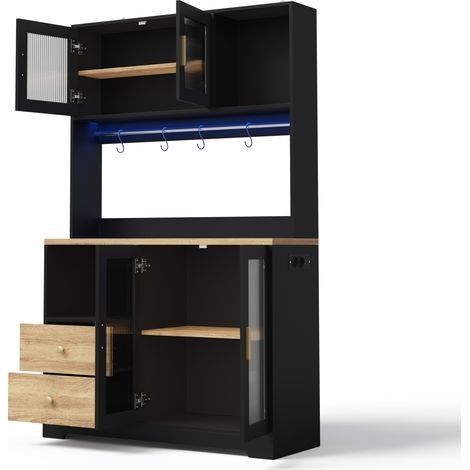 Armario alto de cocina 178 cm con LED, enchufes USB, vitrina de vidrio templado, negro (1/5)
