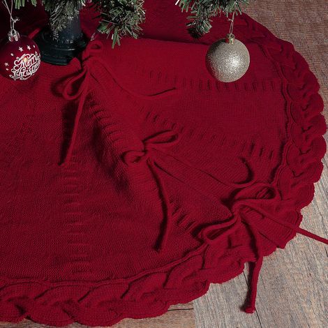 Weihnachtsbaumrock aus dickem Garn, 122 cm (48 Zoll), Rippen- und Krausrippenmuster, rustikale und warme Weihnachtsdekoration für das Wohn- oder Schlafzimmer, in Tannennadeln (122 cm, rot). (1/3)