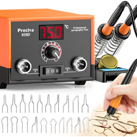 935 Wood Burning Kit with Digital Display, 250-750°C Adjustable Temperature, Includes 2 Pyrography Pens, 20 Soldering Tips, Fast Heating for DIY Projects