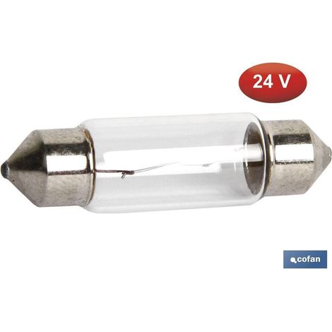 COFAN lámpara plafonier c10w (11x38mm) 24v   caja 10 unid. , Lámpara plafonier de C10w de 24 voltios con medidas de Ø11 mm por 38 mm de longitud. Válida para pilotos o intermitente