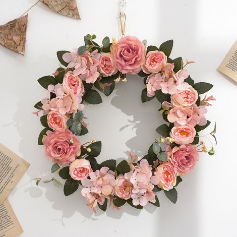 Künstlicher Pfingstrosen-Hortensien-Blumenkranz, 34 cm (13,4 Zoll), Frühlings- und Sommerkranz, hellrosa, für Haustür, Wand und Eingangsbereich (1/5)