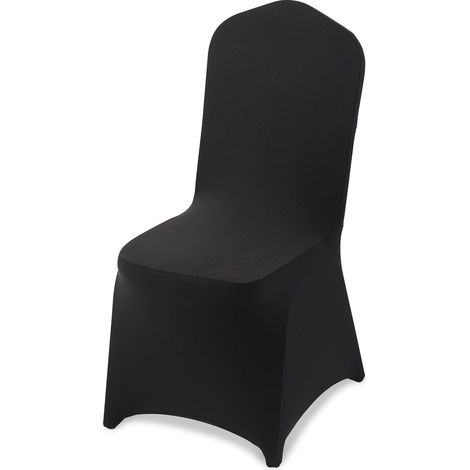 Lot de 100 housses de chaise noires extensibles en polyester pour mariages et événements, adaptées aux chaises jusqu'à 51x45x95 cm. (1/5)