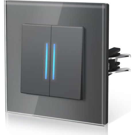 Interrupteur va-et-vient, Interrupteur Mural Connexion rapide, Borne à encliquetage, Modern Interrupteur Avec Voyant Lumineux, Verre, 2 Gang 2 Voie,86mm Gris (1/5)