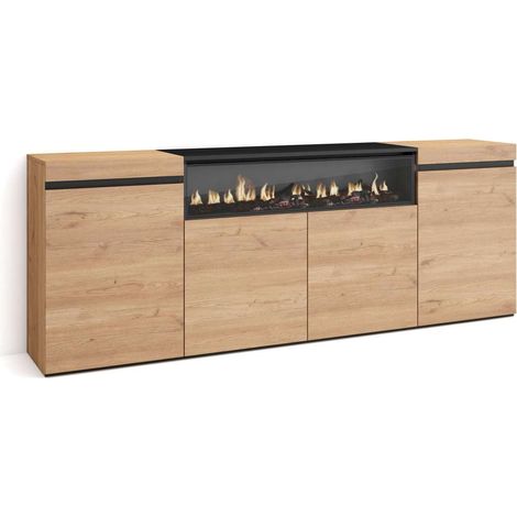 Aparador Adamuz de 200x75x35 cm con 4 puertas, chimenea y luces LED, color roble y negro