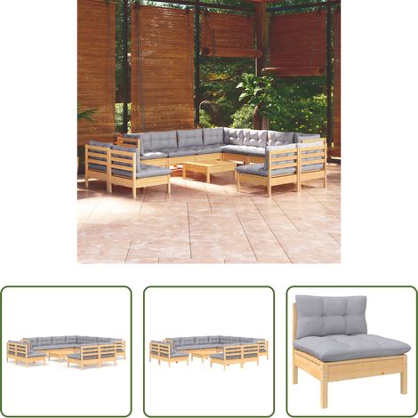 Terrassensofa - 12-tlg. Garten-Lounge-Set mit Grauen Kissen Massivholz Kiefer (1/5)
