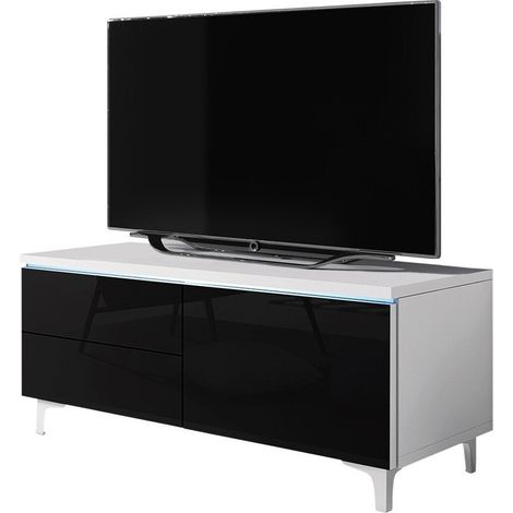 Mueble TV Uva IV, Blanco + Negro brillante, Número de puertas: 1, Número de cajones: 2, 100x43x45cm, LED