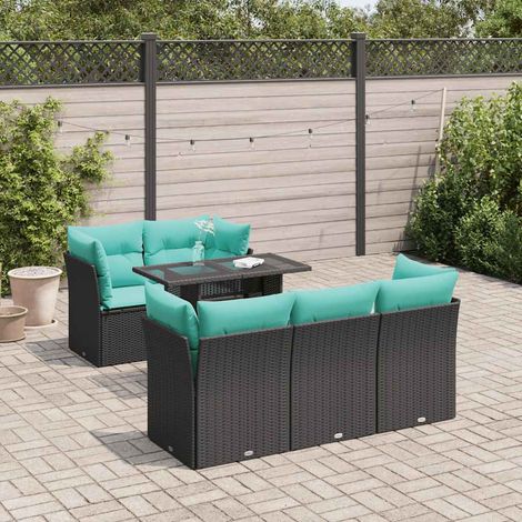 Salon de jardin 6 pièces modulable en résine tressée noir avec coussins bleus, 62.6kg - PANGIVO (1/5)