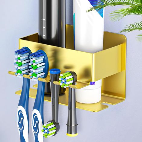 1 - Support Brosse à Dents - Porte-Brosse Électrique - Rangement Salle de Bain avec Adhésif - Design Moderne et Anti-Corrosion pour Dentifrice et Rasoir - Or - 8x5cm (1/4)