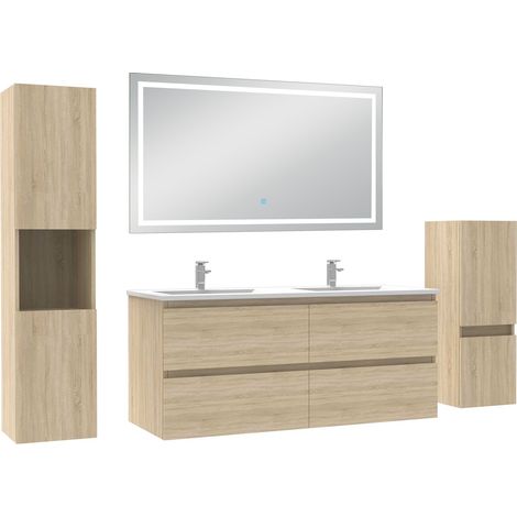 Ocean Ensemble meuble salle de Bain 120cm avec colonne et miroir mural lumineux 3 couleurs Chêne Wotan