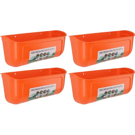Lot de 4 mangeoires géantes avec clips de fixation pour clôture, idéales pour nourrir les poules, les chèvres, les canards et les oies. Abreuvoir inclus. Couleur orange. (1/5)