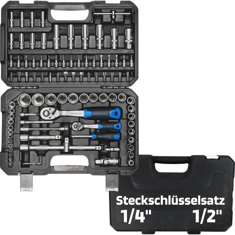 SW-Stahl 07797L Steckschlüsselsatz 97 teilig I Nusskasten mit Ratsche 1/4", 1/2" Sechskant I Werkzeugkoffer I Knarrenkasten I Auto-Ratschenkasten I Steckschlüssel- und Bitsatz (1/5)