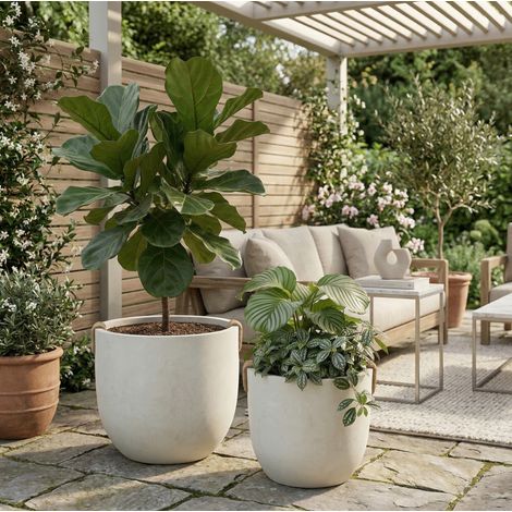 Set di 2 vasi rotondi 57x57x52 cm bianco sporco in ossido di magnesio con fori di drenaggio (1/5)