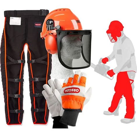 Oregon 574742A Kit de seguridad para motosierra - Casco - Visera - Guantes - Protectores de piernas