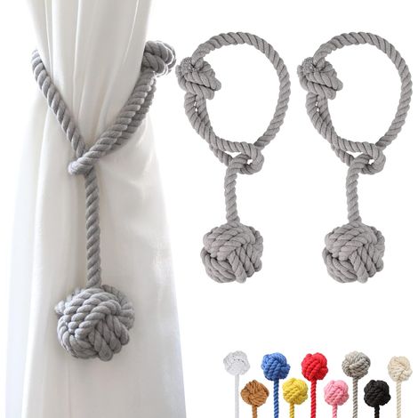 2 Pack Curtain Tiebacks with Large Ball Woven Handwoven Cotton Curtain Tiebacks for Outdoor Curtains (Grey, 2)