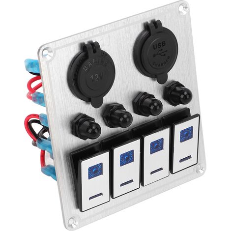 Wasserdichtes 4-Schalter-Wippfeld für Boote, silberne Ein-/Ausschalter, zwei blaue LEDs, Schutzart IP67 (Marinequalität) (1/5)
