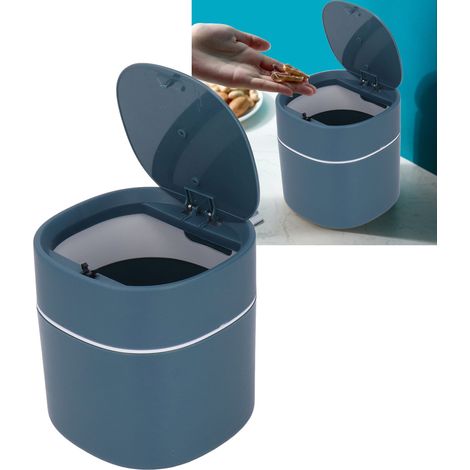 Mini poubelle de bureau/panier à déchets avec couvercle, pour ranger divers objets et faciliter le nettoyage, bleue. (1/5)