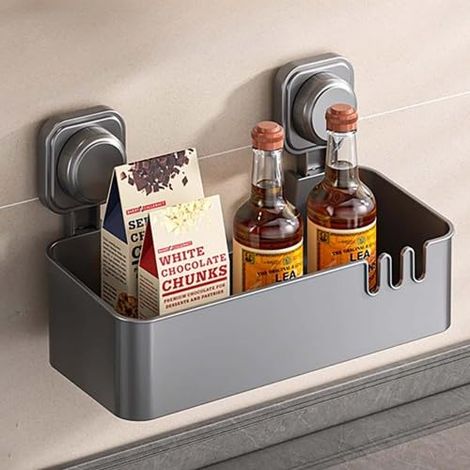 Support Ventouse pour Douche, Panier de Rangement avec Distributeur Savon et Porte Brosse à Dents, Étagère Sans Perçage pour Salle de Bain, Fixation par Ventouse pour Flacons, Noir (1/5)