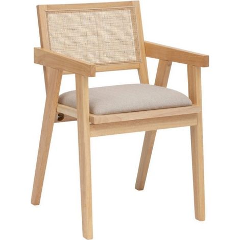 Chaise fauteuil en bois naturel avec assise rembourrée et dossier en cannage - Longueur 50 x Profondeur 50,5 x Hauteur 82 cm (1/5)