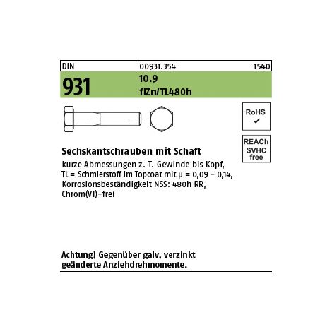 DIN 931/ISO 4014 Sechskant-Schaftschraube M8x45 Stahl 10.9 zinklamellenbeschichtet 200 Stk (1/3)