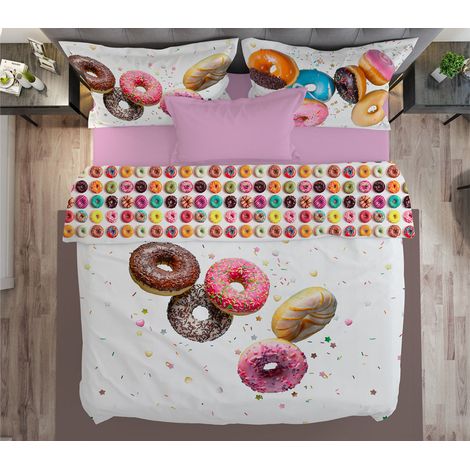 Parure Lenzuola Copriletto Stampa Digitale Cotone Made In Italy Dis. Donuts (1/4)
