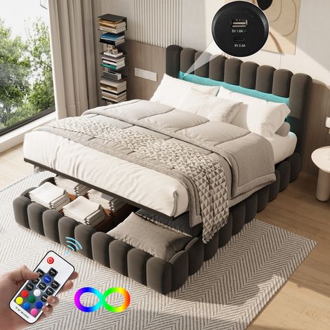 180 x 200 cm letto contenitore, letto imbottito letto a terra con rete e testiera, letto basso 180x200 con rete, letto matrimoniale con struttura, lino grigio (1/4)