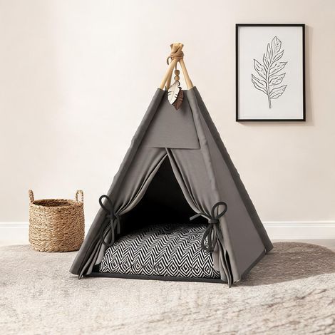 Tipi gris pour chat et petit chien avec coussin amovible et sol (1/5)