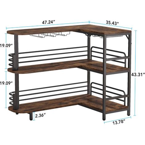 Bar d'angle en forme de L, unité de table à vin familiale, étagère à spiritueux à 3 niveaux, meuble bar élégant pour salon. (1/5)