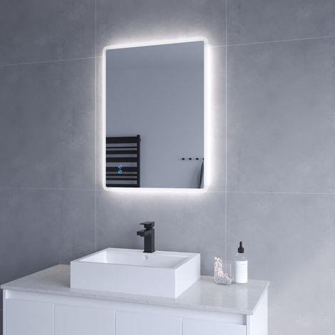 Badspiegel Beleuchtet LED Badezimmerspiegel 60x80cm BORAS Typ B  Touch Sensor Dimmbar Antibeschlag Kaltweiß 6400K  AQUABATOS