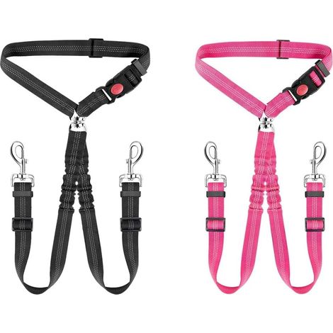 Ceinture Chien Voiture Ceinture de Sécurité pour Chien avec Longueur Réglable 2 en 1 avec Absorption des Chocs et Mousqueton pour Tous Les Chiens et Chats (Noir + Rose) (1/5)