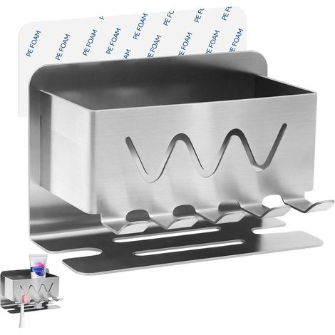 JSSEVN - Stainless steel wall-mounted toothbrush holder - No drilling required - Silver - Self-adhesive - For bathroom - Silver (1/5)