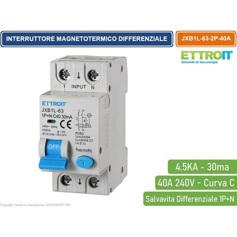 Interruttore magnetotermico differenziale modulare 1P+N 40A 30mA 4.5KA 220V Ettroit (1/3)