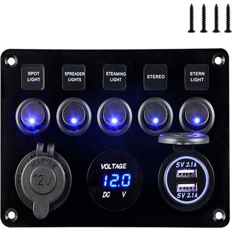 5 Gang Panneau de commutateur à bascule de bateau de voiture, Interrupteur à bascule Panneau marche arrêt 2USB 12V 24V LED pour véhicules de camping car de camion RV marin (1/5)
