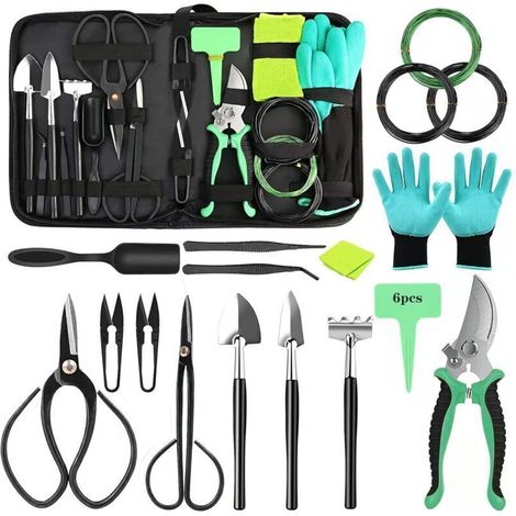 24-Piece Bonsai Set - Beginner Tool Kit - Machete, Bag, Trowel, Mini Rake, Shovel and Gloves