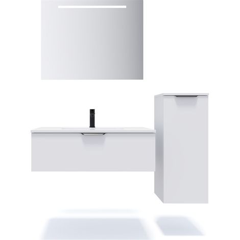 Meuble de salle de bain suspendu vasque intégrée 90cm 1 tiroir Blanc + miroir + colonne ouverture droite - Soho (1/5)