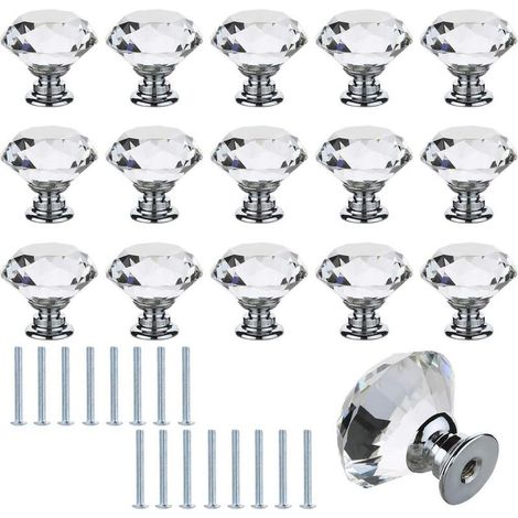 16pcs 30mm Boutons de Porte de Placard Cristal Tiroir de Porte Poignée à Diamant Clair Bouton de Meuble en Verre Transparent Moderne Décoration pour Cuisine Commode Table de Chevet avec Vis (1/5)