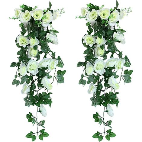 2 Paquets de Fleurs Artificielles Suspendues pour Extérieur, Plantes Tombantes en Rose, Décor de Jardin, Maison, Mariage, Cour, Panier Suspendu, Guirlande de Glycine, Bouquet d'Orchidées (Blanc) (1/5)