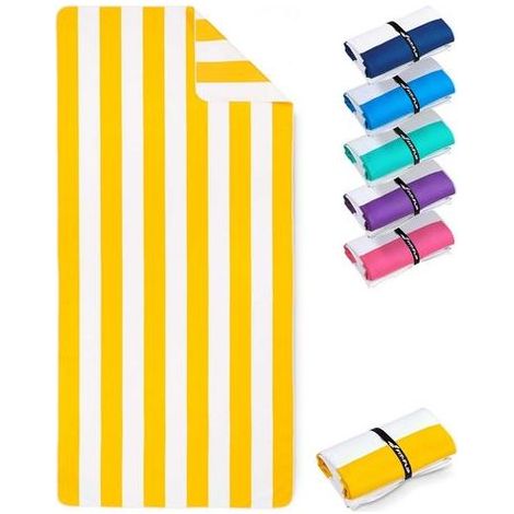 Serviette de Plage Microfibre Grande - Fine et légère - à séchage Rapide – Drap de Piscine XXL - Serviettes Anti-Sable 100% recyclée – rayé Jaune Citron-Blanc – 160cm x 90cm (1/5)