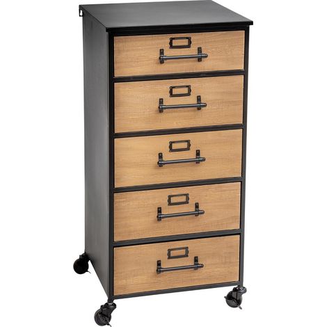 Atmosphera – Chiffonnier noir 5 tiroirs – Dimensions L. 42 x l. 42,8 x H. 87 cm – Bois de sapin et métal – Design industriel pour salon ou chambre