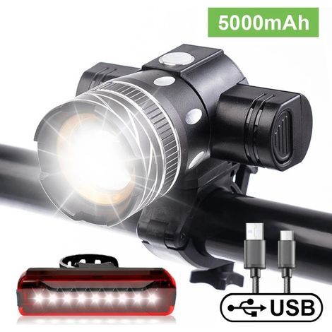 Feu de vélo 5000 lumens, rechargeable, étanche, lampe LED haute luminosité (6 heures d'autonomie), idéal pour la pratique du cyclisme sur route, en montagne et en ville, avec 3 modes de fonctionnement (1/5)