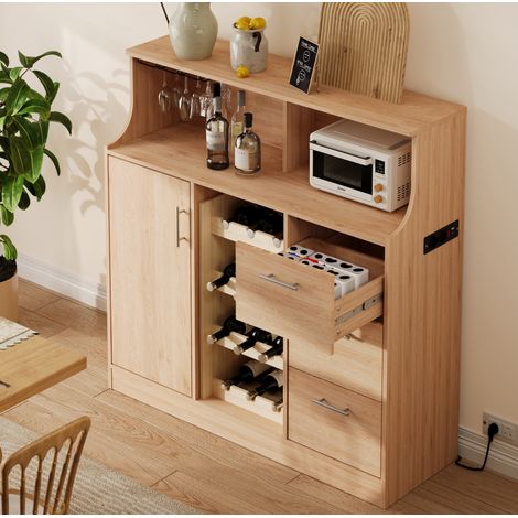 Barschrank 120x40x121 cm Naturweiß aus MDF mit Weinregal, LED, Steckdose und verstellbarem Stauraum (1/5)