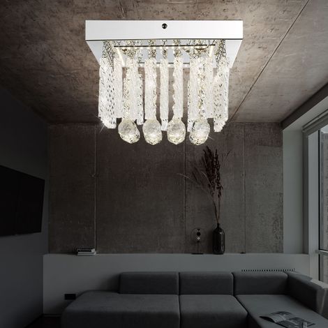 Plafoniera paralume in vetro plafoniera 1 fiamma sala da pranzo bacchette di vetro illuminazione con cristalli di vetro, metallo cromato, 1x LED 12W 840lm bianco neutro, L 25 cm