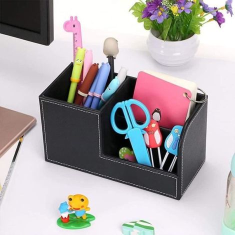 Multi-fonctionnels Organisateur en Cuir Simili de Bureau 3 Compartiments Pot à crayons -Noir (1/4)