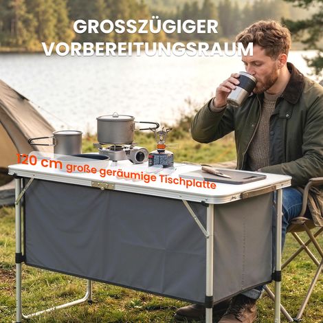Lot pliant de camping en aluminium argenté avec espace de rangement et plan de travail pour cuisine extérieure