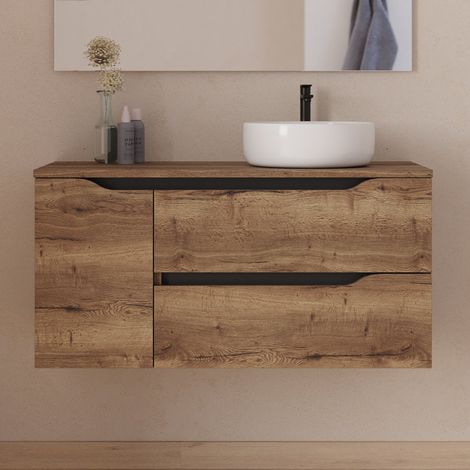 Meuble de salle de bain 100cm avec plateau et vasque à poser déportée à droite Ares - sans miroir - 2 tiroirs et un placard - tabaco (bois foncé) - ZARZA
