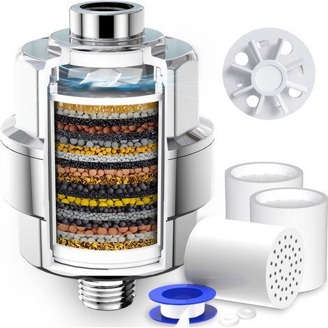 Filtro de agua de 20 etapas para el control de la cal y el sarro – Sistema de filtración avanzado – 3 cartuchos incluidos – Compatible con cabezales de ducha G1/2" (1/5)