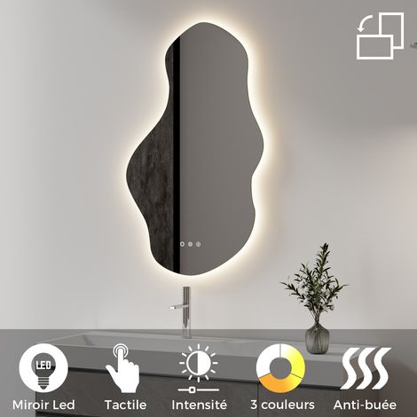 Miroir Mural LED Lumineux 60 x 100 cm réversible (2100 LMS) Tactile : antibuée + intensité et Couleur réglables - collection Salle de Bain ONDA