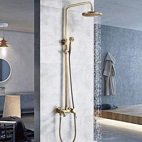 Suguword – Colonne de douche réglable 8 pouces – Pommeau à effet pluie – Tuyau inox 150 cm – Finition laiton ancien – Installation facile (1/4)