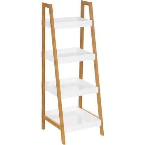 Meuble de rangement avec 4 étagère en bambou-MDF coloris naturel-blanc - Longueur 35 x Profondeur 34 x Hauteur 98 cm-JUANIO (1/4)