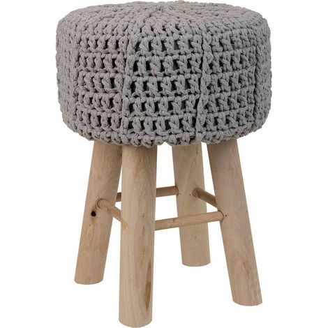 tabouret en bois et assise tressée coton gris élégant - gris clair et bois naturel (1/5)