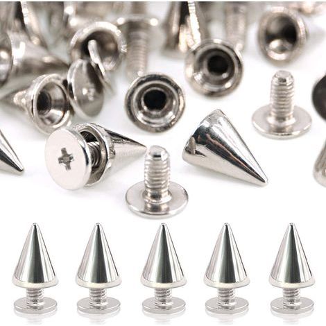 110 paires de clous coniques en forme de balle de 7 mm x 9,5 mm en métal, avec vis de fixation arrière, pour artisanat du cuir DIY, clous cool, clous punk, finition monétaire argentée (1/5)